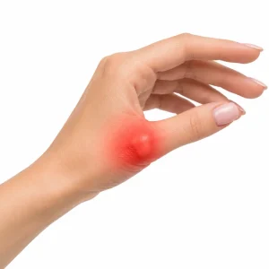 Cosa è la rizoartrosi: mano femminile con dolore localizzato alla base del pollice evidenziato in rosso.