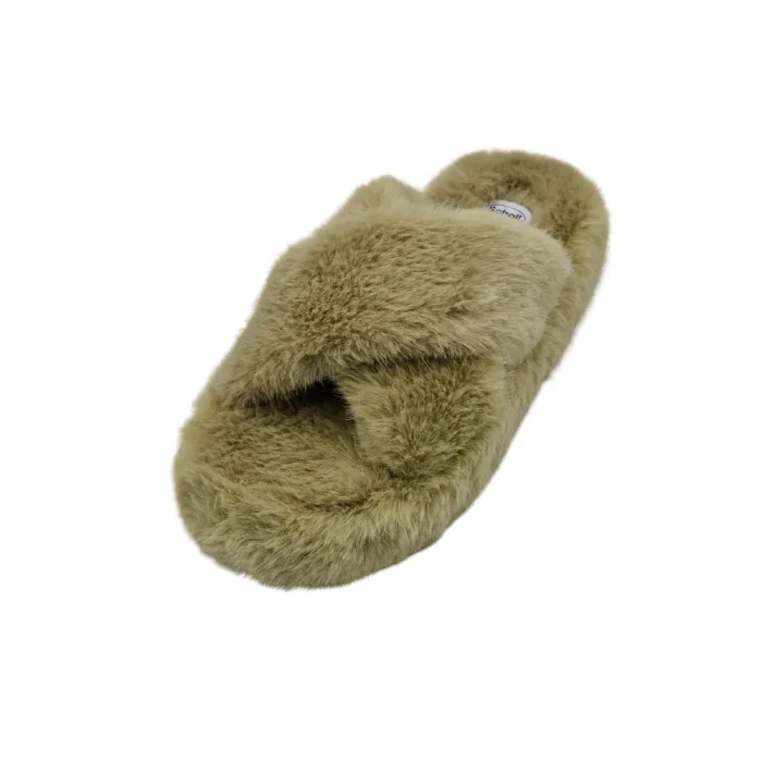 Pantofole con pelliccia donna Scholl Fluffy cross verde vista frontale