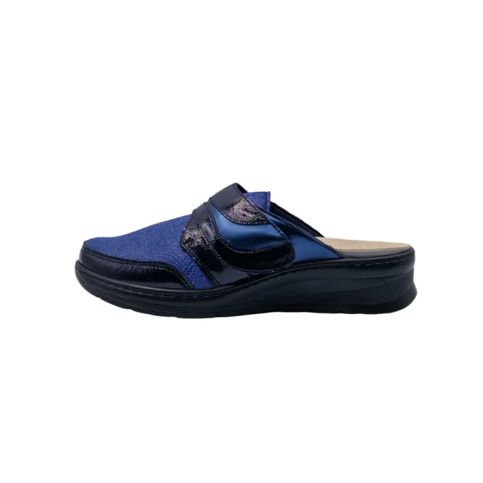 Pantofole donna suola biomeccanica per dita a martello Ecosanit blu vista laterale Pantofole donna suola biomeccanica per dita a martello Ecosanit blu vista laterale